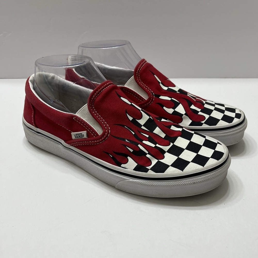 Vans Slip-On Paint Drip Red Sneakers B/W Checkerboard Canvas Men 7 Women 8.5